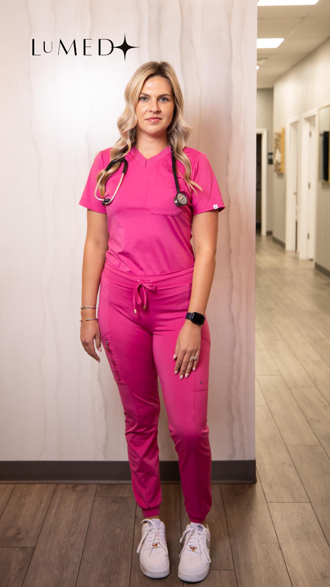 pink v-neck scrub top