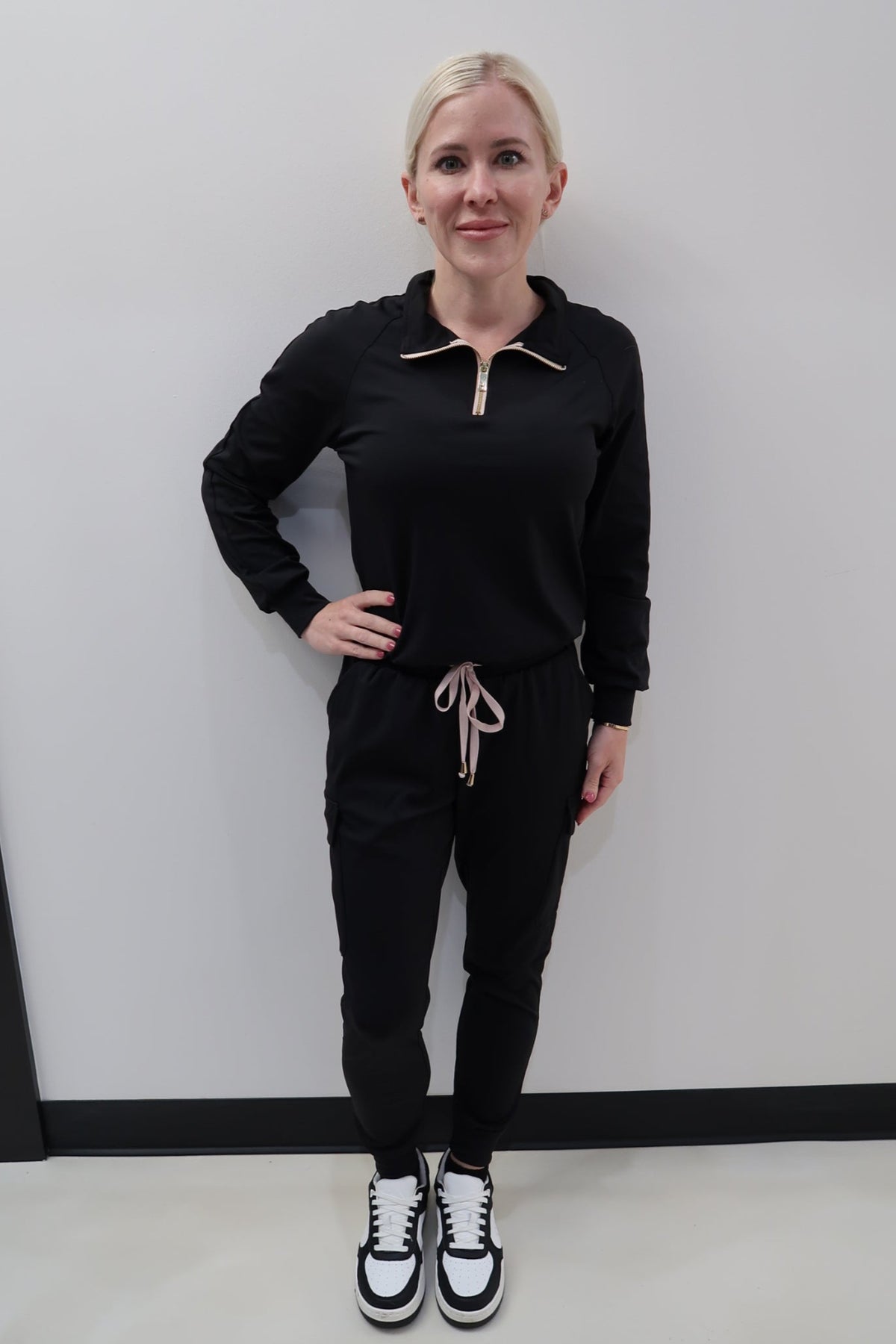 Women's Black Cargo Joggers - Pink Details