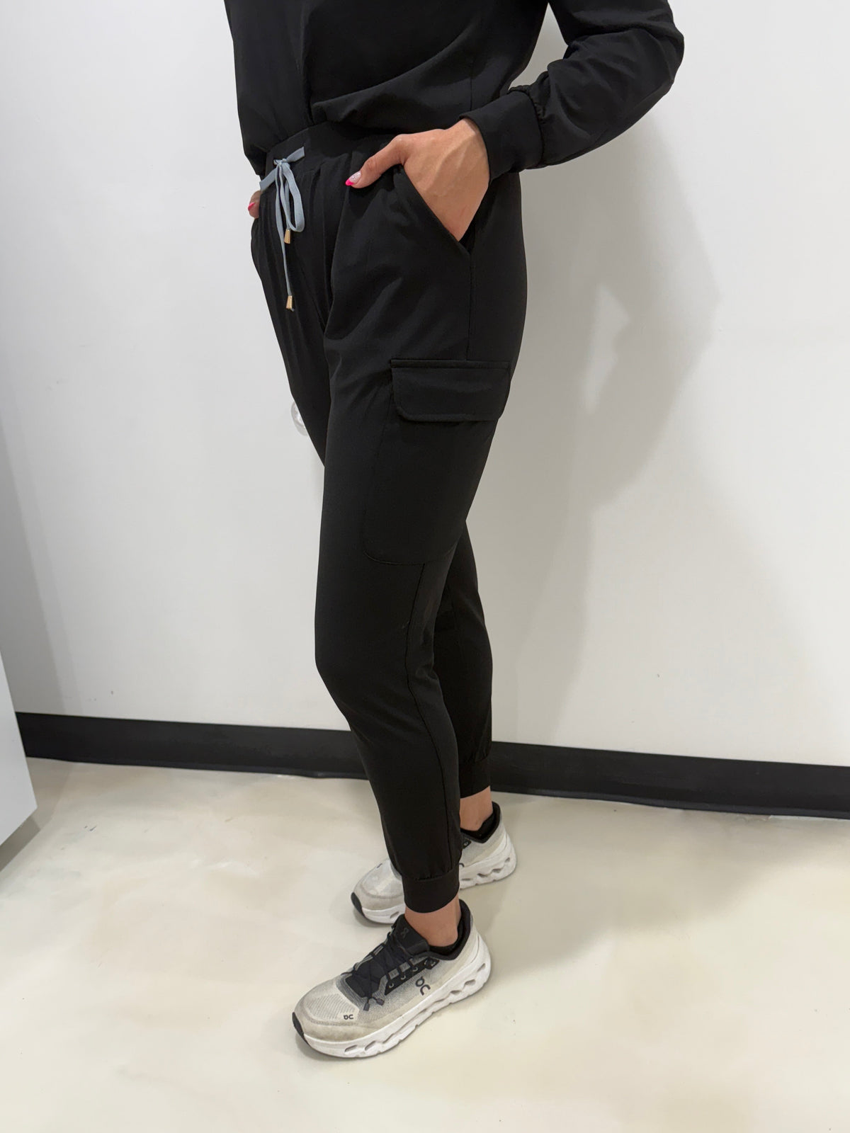 Women's Black Cargo Joggers - Grey Details