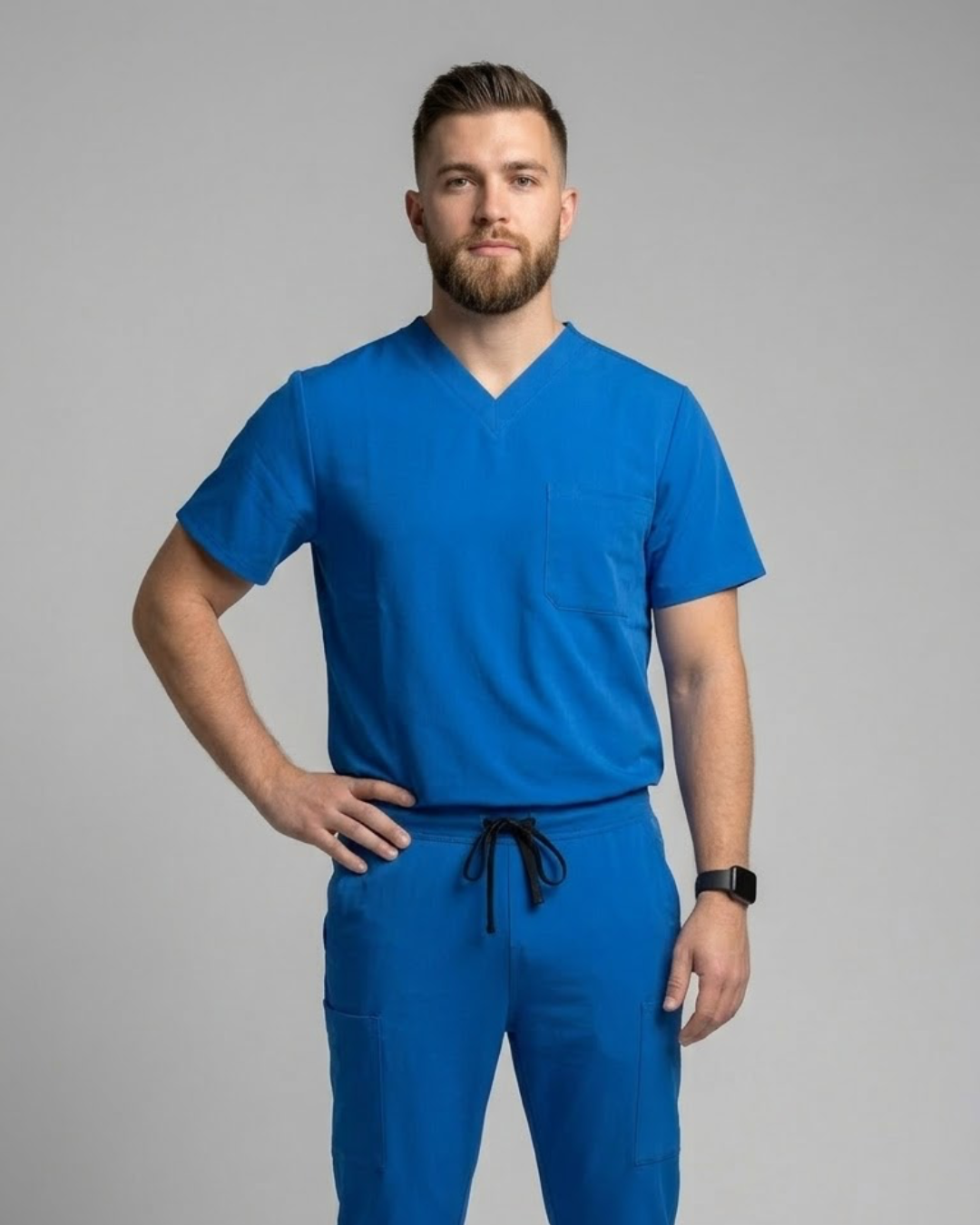Man wearing a blue scrub set against a gray background