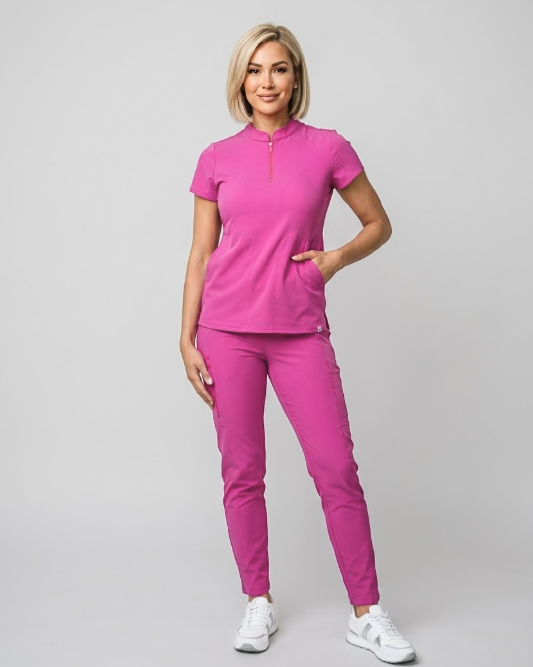 Lightweight Women's High Waisted, Straight Leg Zip Scrub Pants - Hot Pink