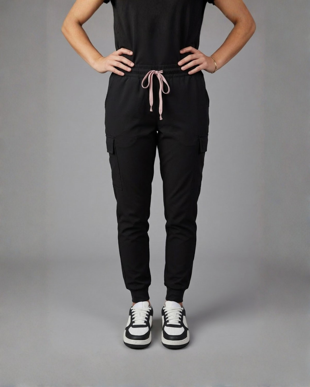 Women's Black Cargo Joggers - Pink Details