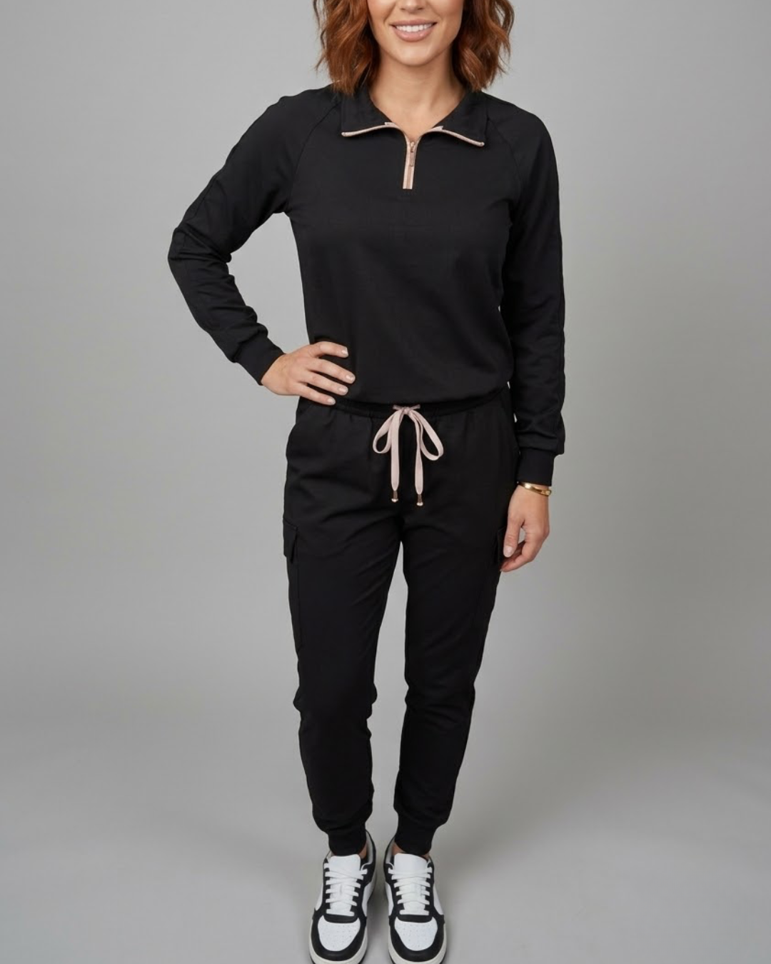 Women's Black Cargo Joggers - Pink Details