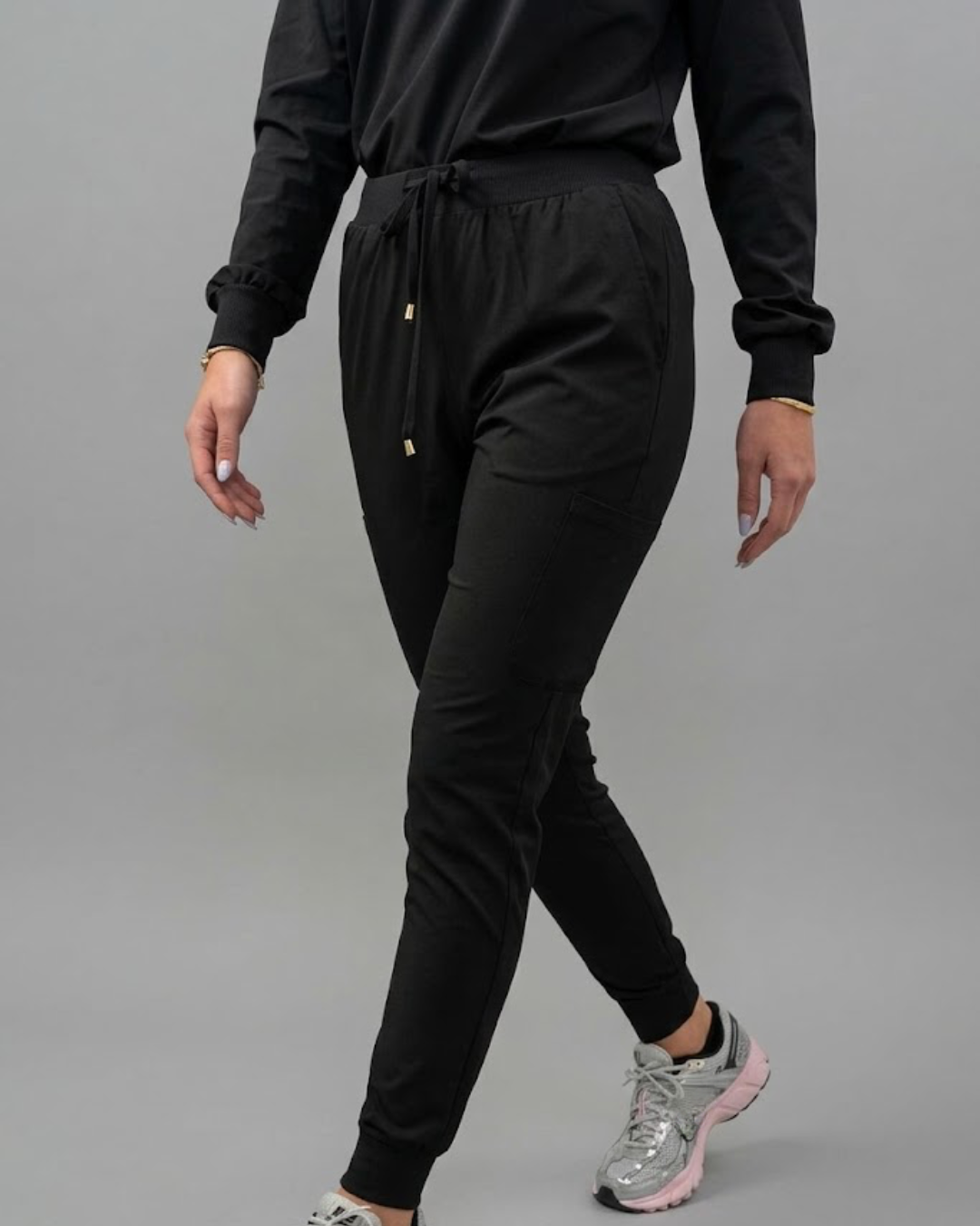 Women's Black Cargo Joggers - Black & Gold Details