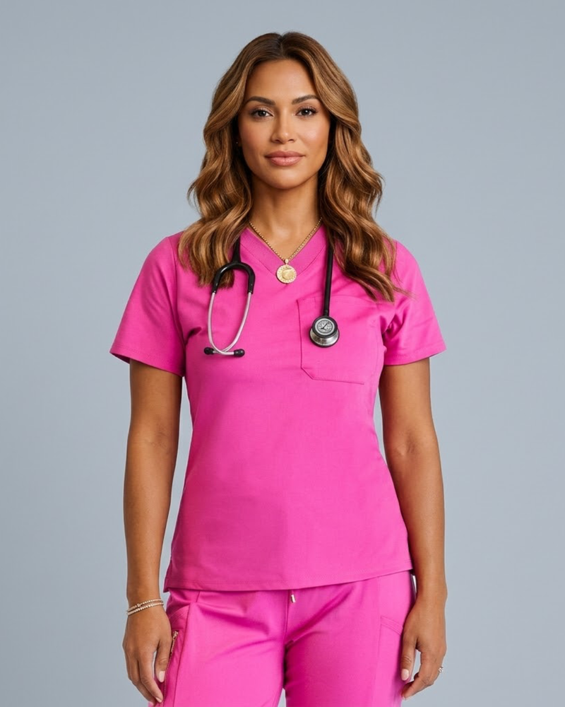 Person wearing bright pink medical scrubs with a stethoscope on a gray background