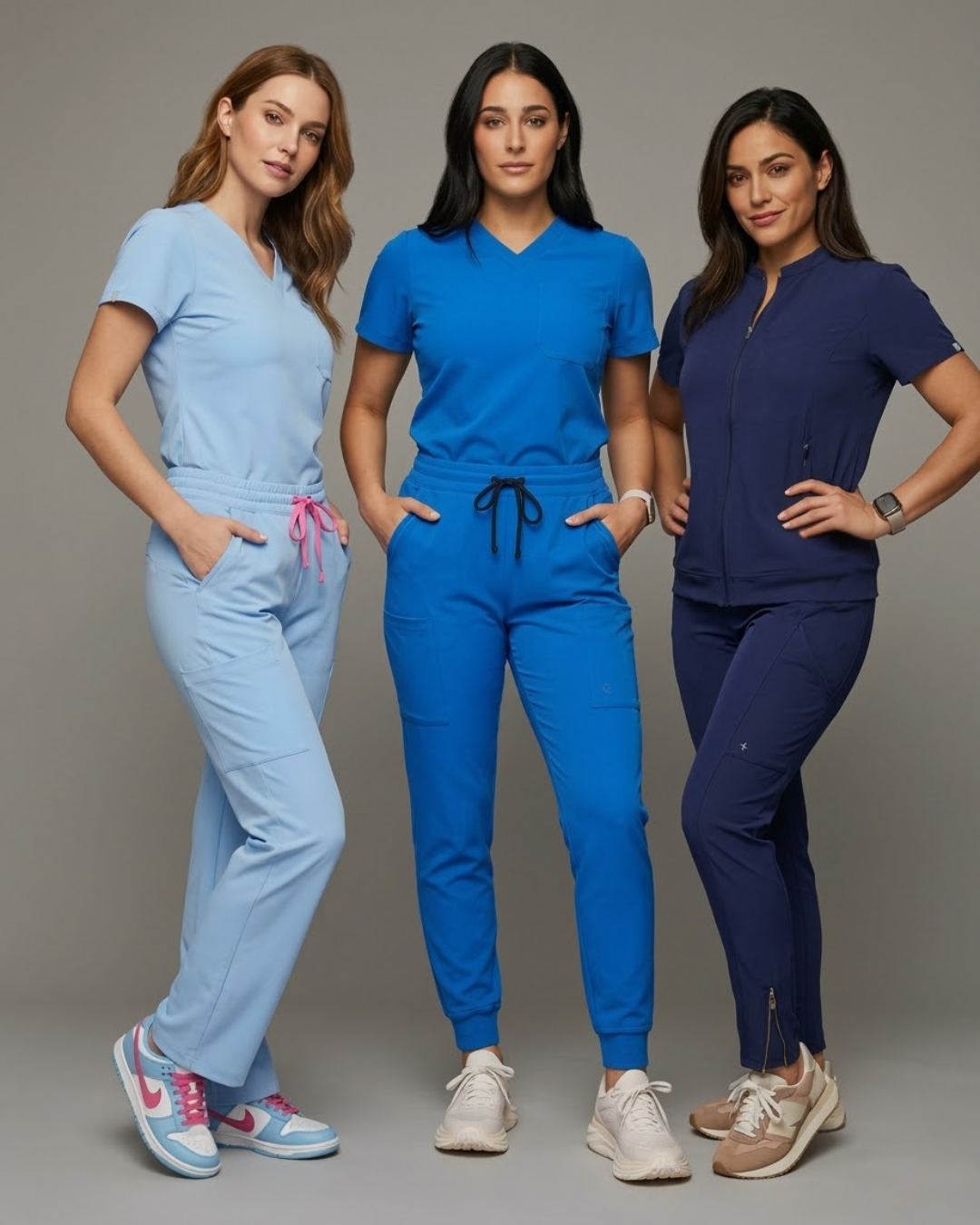 Three women wearing different colored scrubs against a gray background