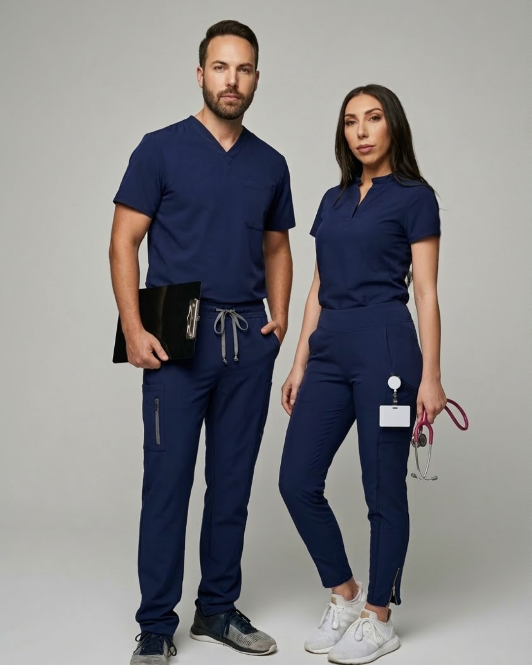 Two people wearing navy blue medical scrubs on a plain background