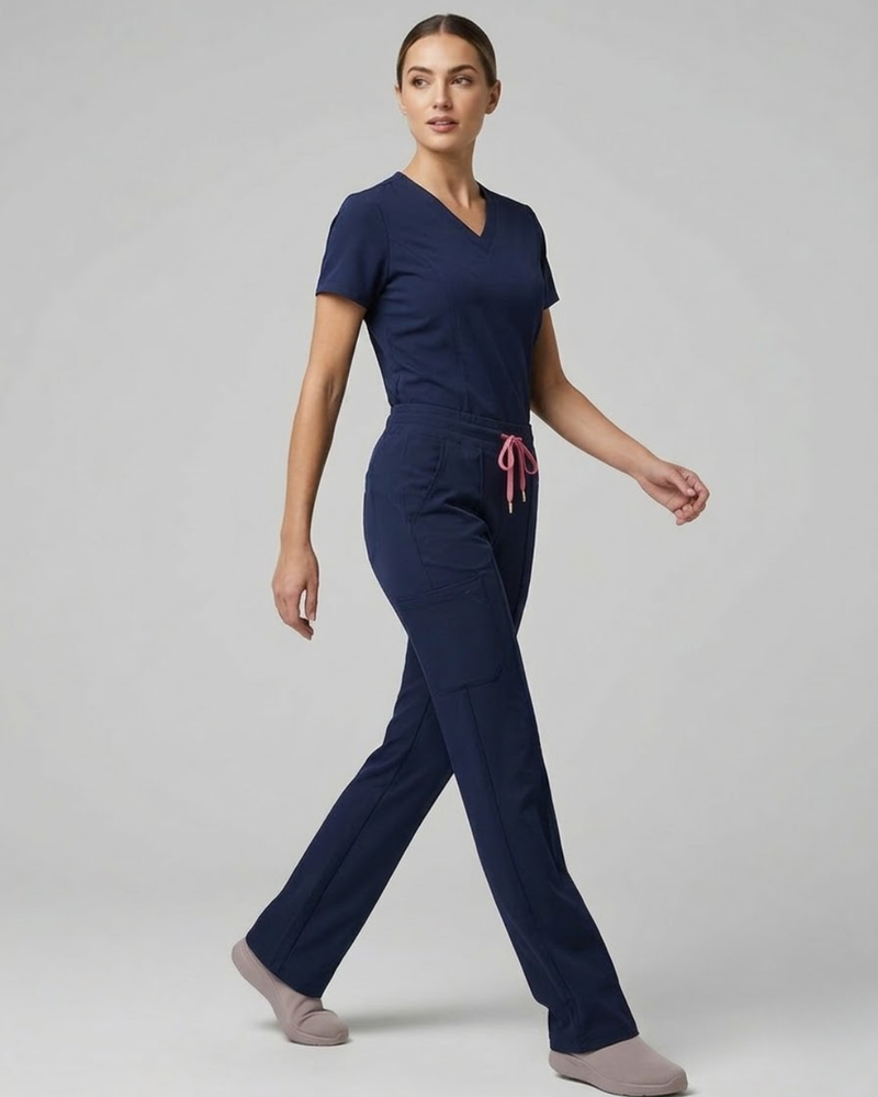 Woman wearing navy blue scrubs on a gray background