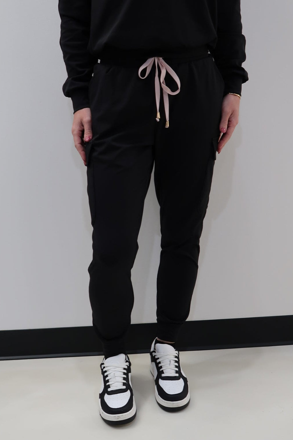 Women's Black Cargo Joggers - Pink Details