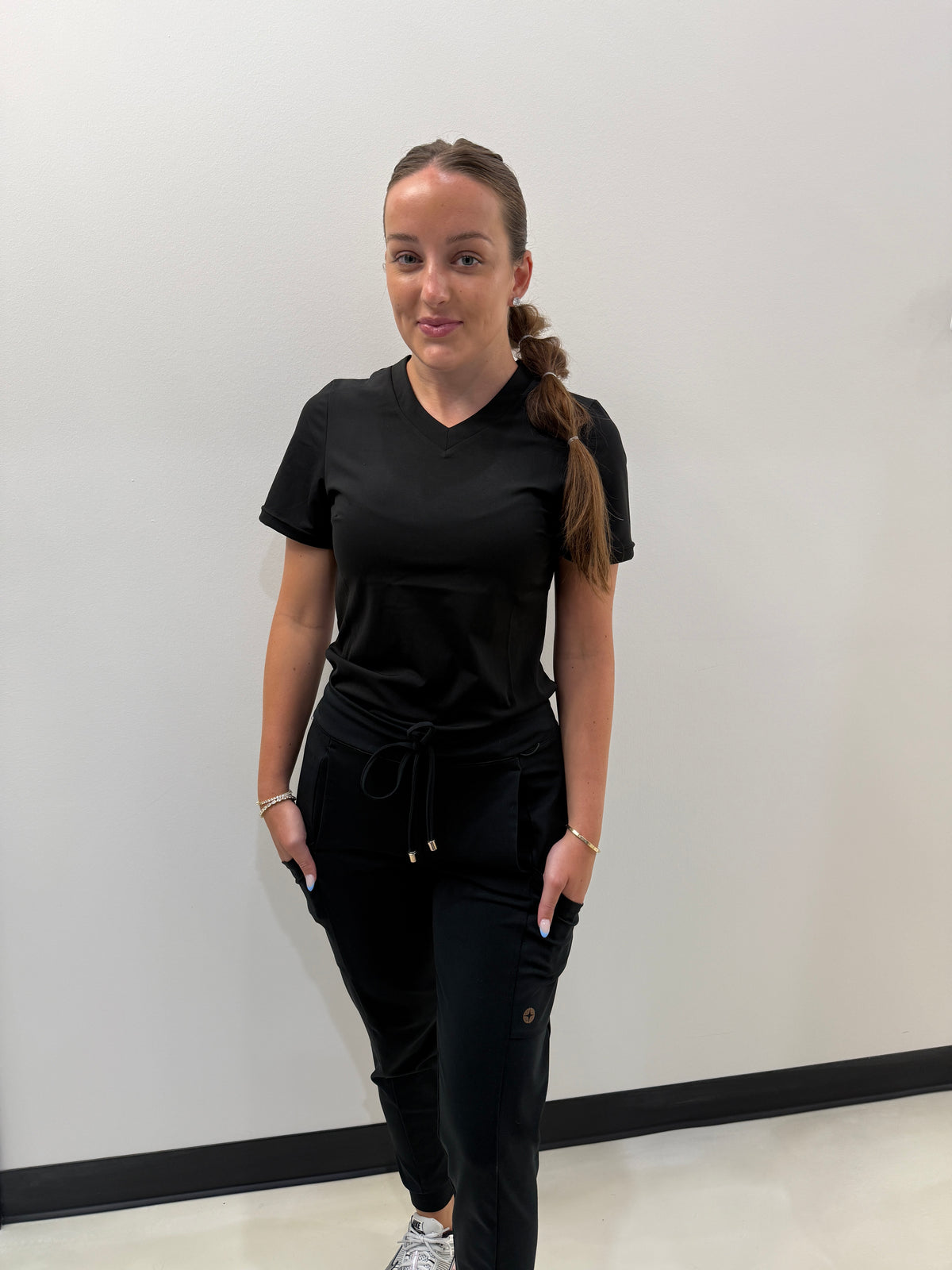 Women's Fitted Black V-Neck Scrub Top