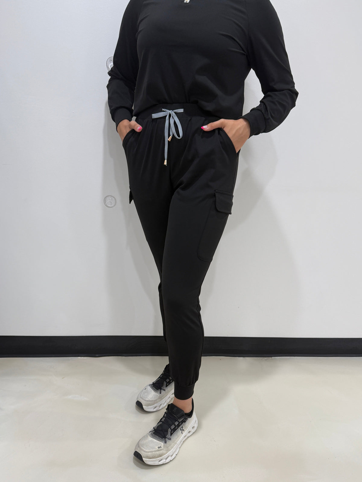 Women's Black Cargo Joggers - Grey Details