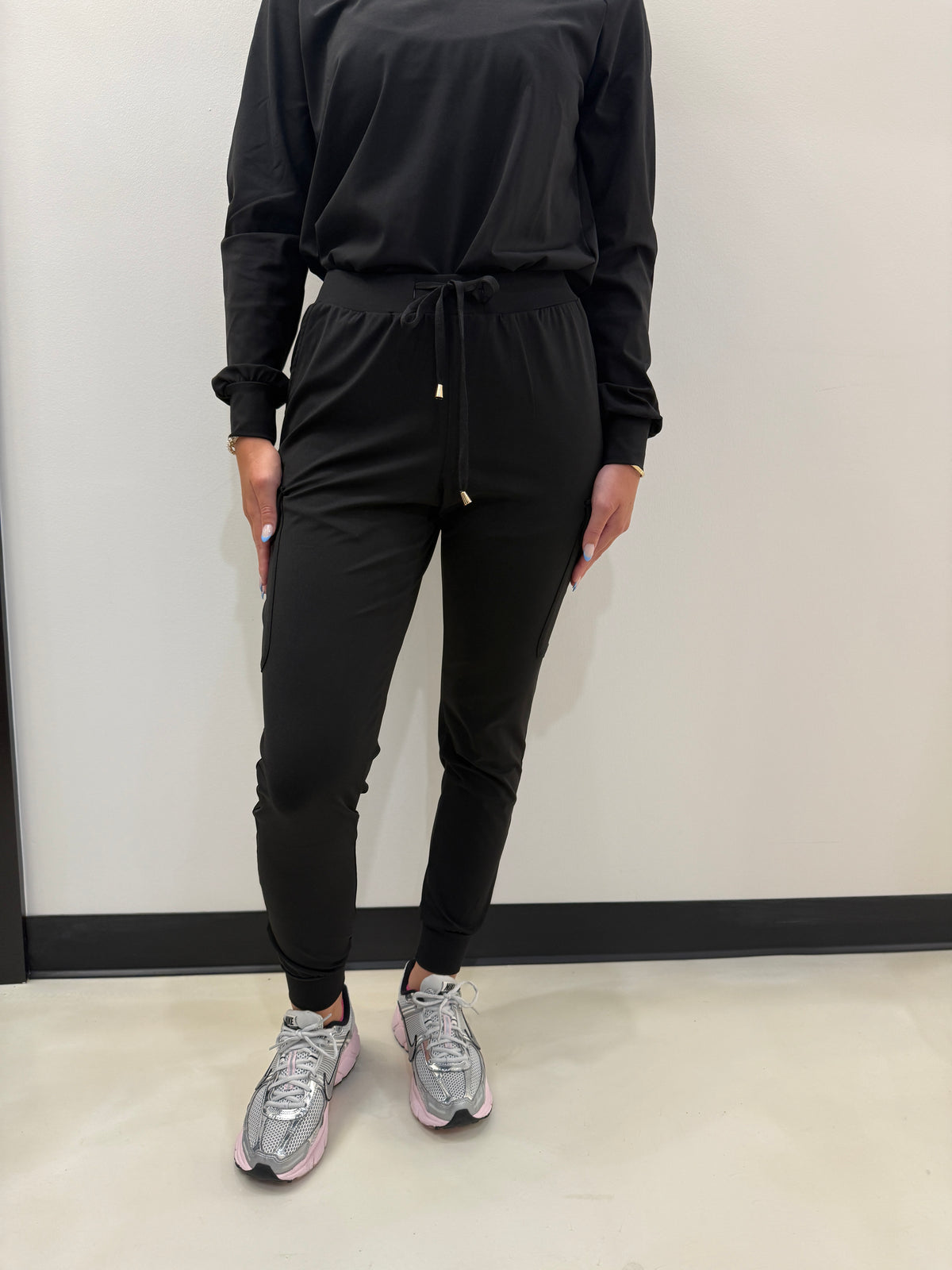 Women's Black Cargo Joggers - Black & Gold Details