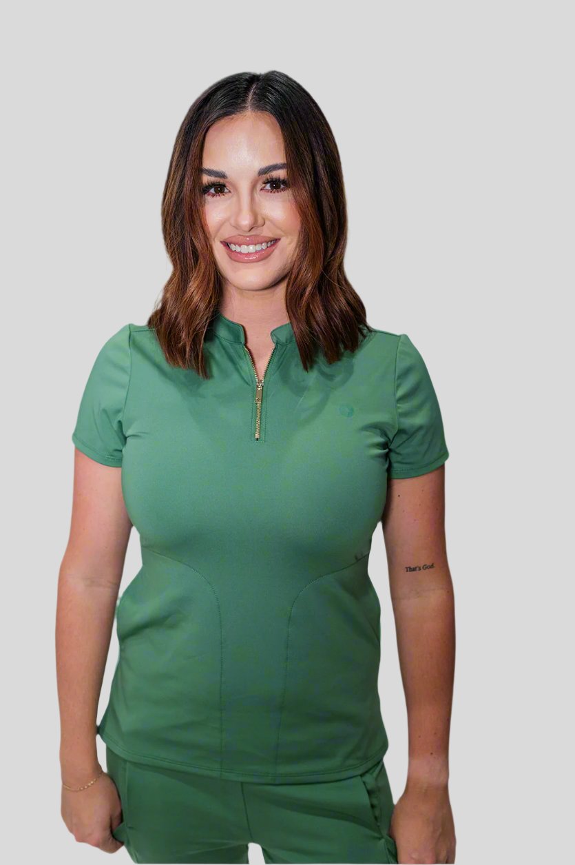 Women's Half Zip Scrub Top - Green