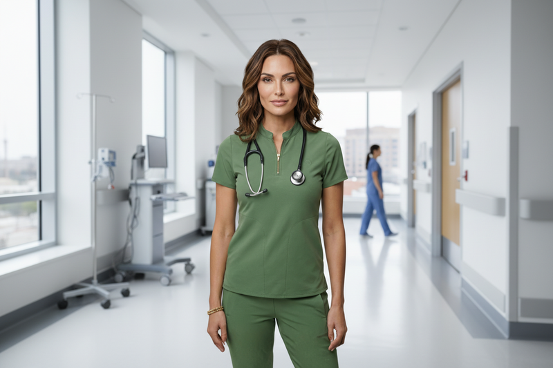 Woman wearing green medical scrubs with a stethoscope on a gray background